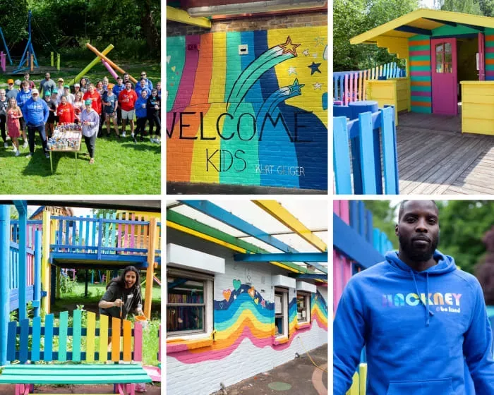 A photo montage of six photos taken after Kurt Geiger renovated the Hackney Playground.