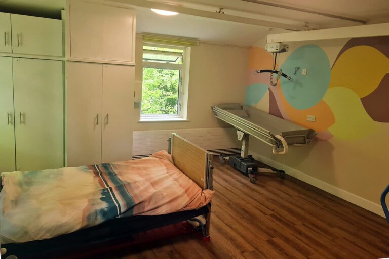 A bedroom with bright painted walls containing a bed and a hoist.
