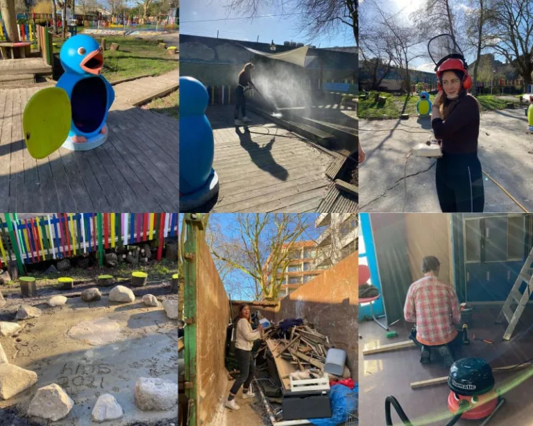 A photo montage of six photos at Hayward Playground. Staff are renovating the outdoor space.