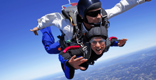 Two people are doing a tandem skydive. They are free falling. Behind them the sky is bright blue.