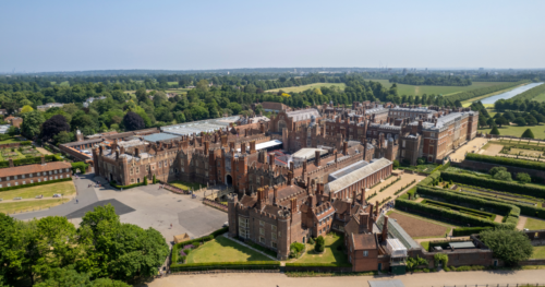an aerial view of hampton court palace on a sunny day