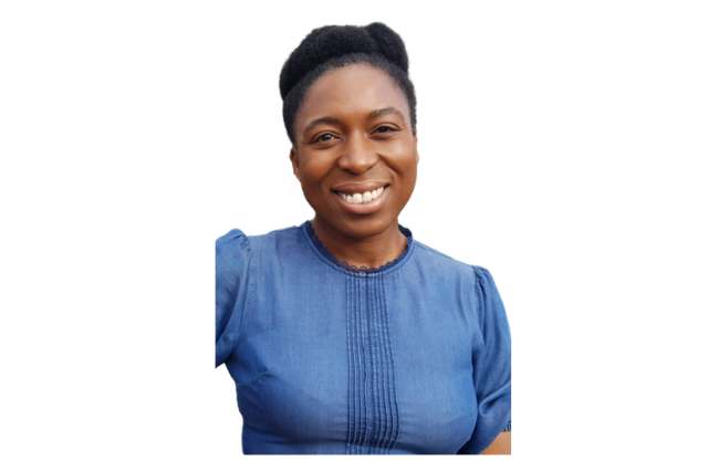 woman smiling wearing a blue t shirt