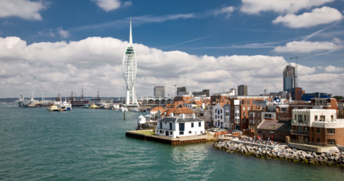 portsmouth harbour with boats and spinnaker tower